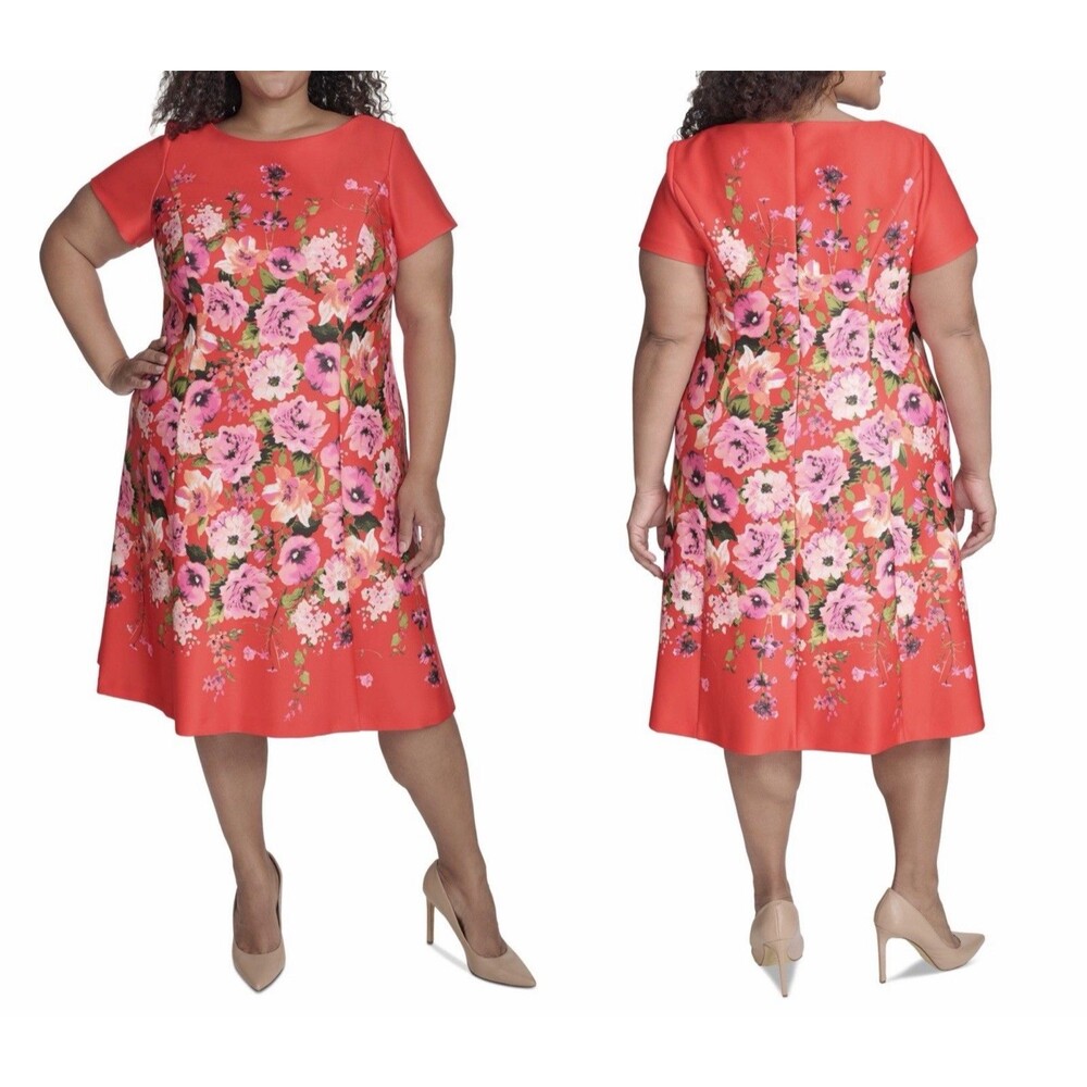 Jessica Howard Red Plus Size Floral Boat-Neck Fit & Flare Dress 16W
